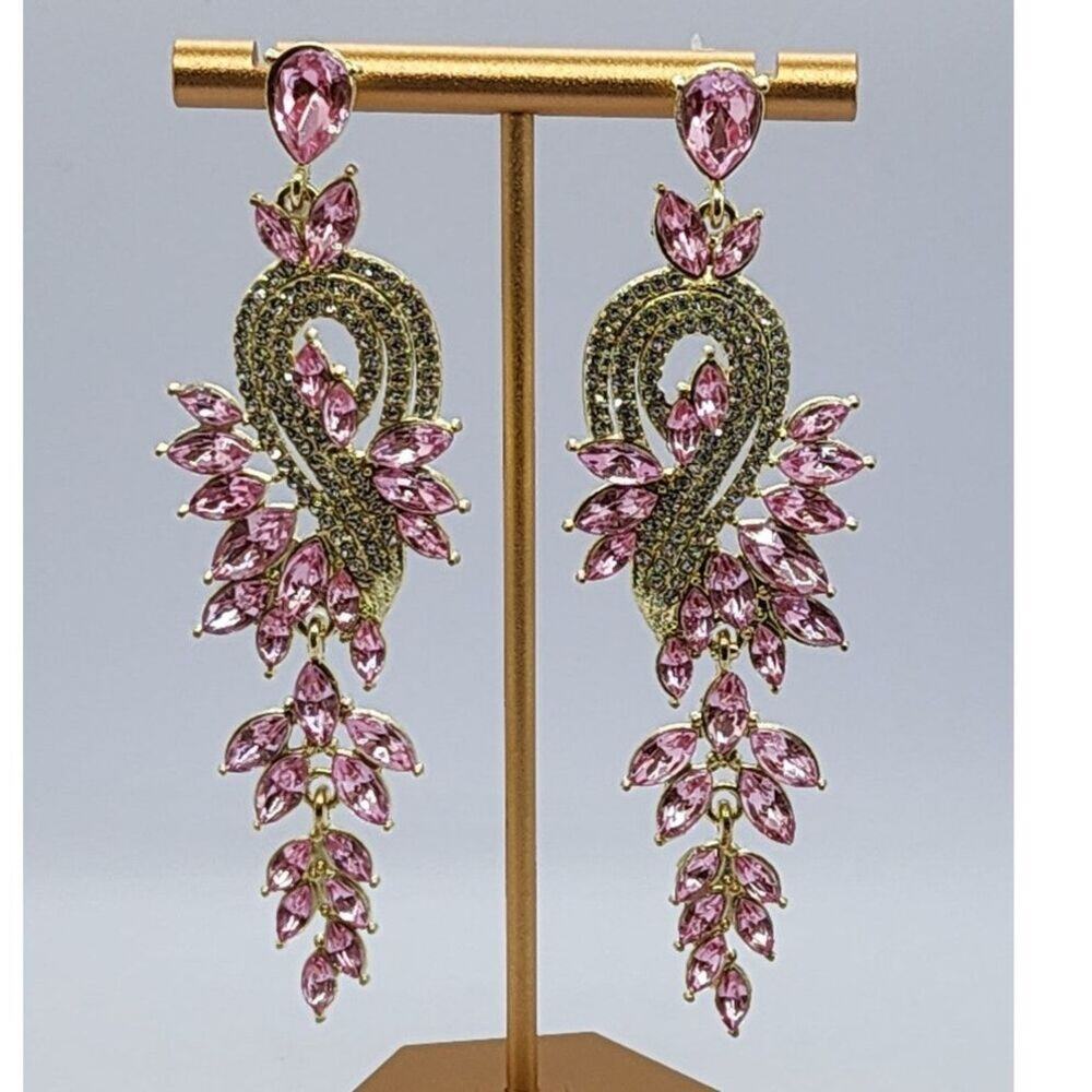 Stunning Faux Pink Jewel and Rhinestones Dangle Earrings Gold Plated Dramatic